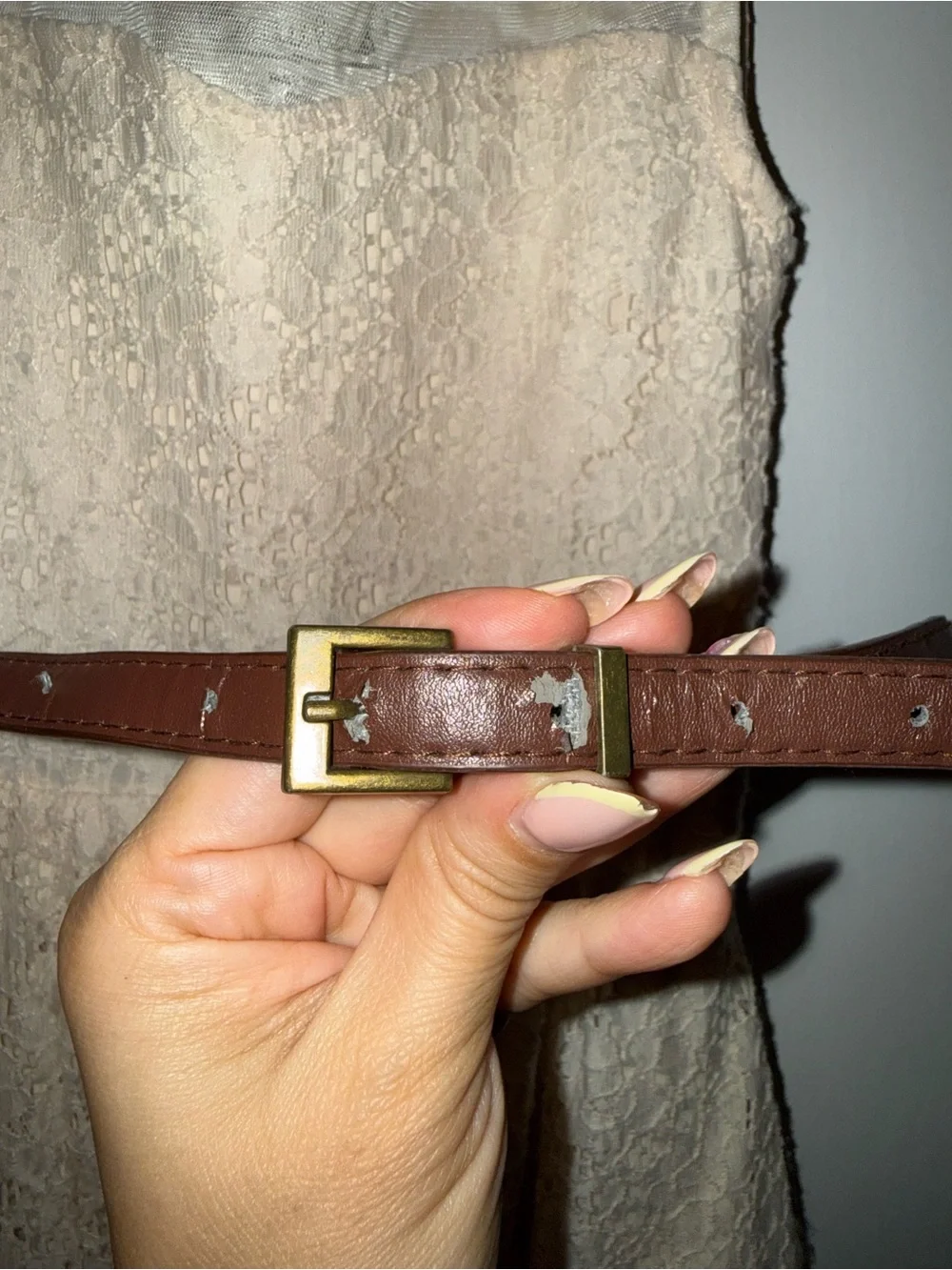 Beautees Cream Lace Dress with Brown Accent Belt